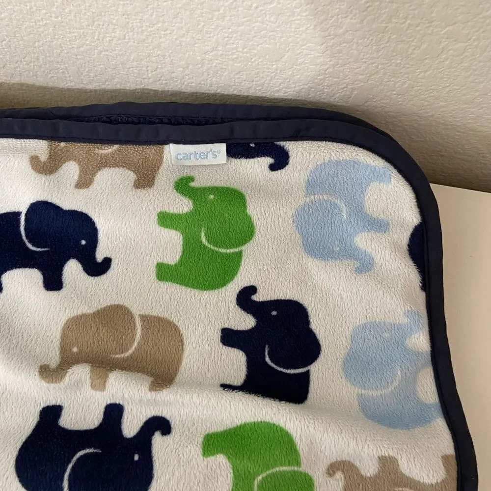 Carter’s Elephant Baby Blanket 30x40 Green Blue Tan Navy White Plush Sherpa